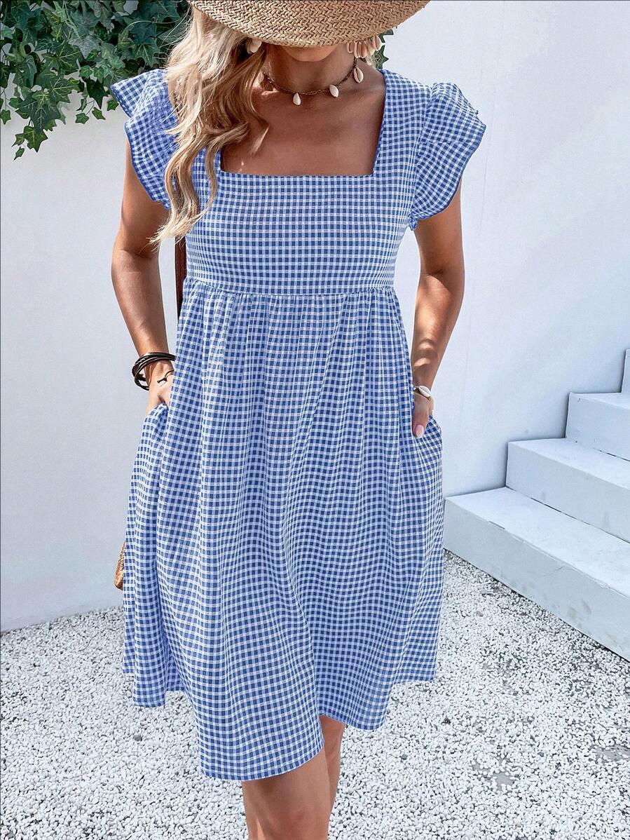 European & American Women s Ruffle Sleeve Square Neck Plaid High-Waisted Dress S