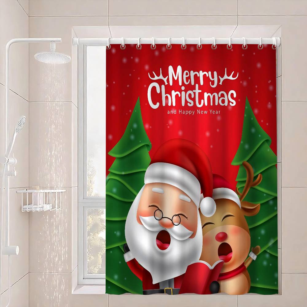 Christmas Santa Claus Shower Curtain Summer Beach Bathroom Decorative Shower Curtain, Waterproof
