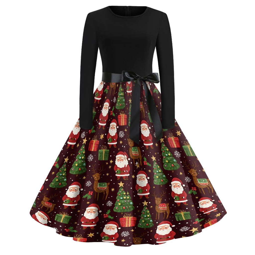Women's Vintage V-Neck Christmas Print Casual Dress for Holiday Party