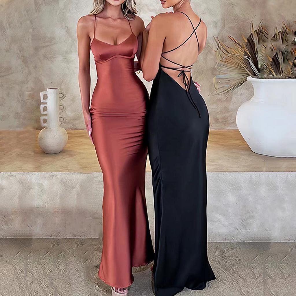New Women's Sexy Suspender Satin Fashion Halter Strap Waist Evening Dress Dress