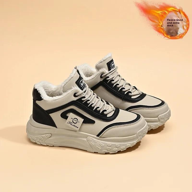 Warm Fleece Casual High Top Korean Style Increased Height Dad Sports Shoes Women's Winter Thick Bottom Slip-On Shoes