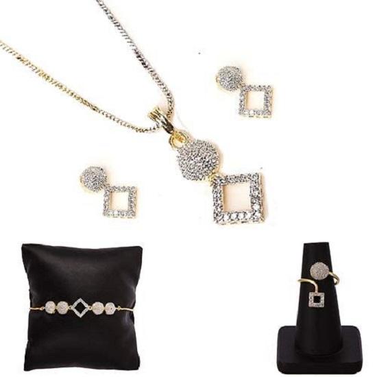 Jewellery Set for Women American Diamond Necklace Set with Earrings, Bracelet and Ring Jewellery for Girls and Women