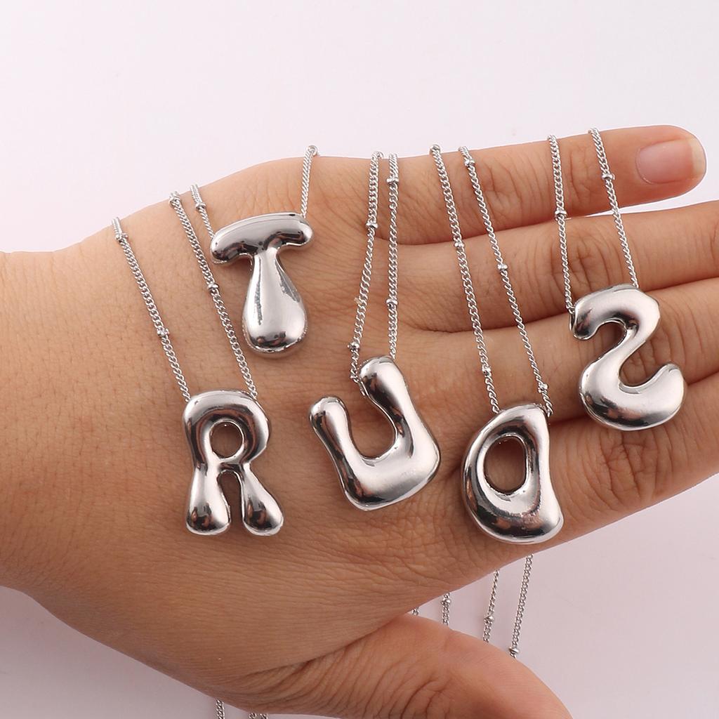 Creative A-Z Balloon Bubble Letter Pendant Necklace for Women Silver Plated Chunky Stainless Steel Necklaces  Gift