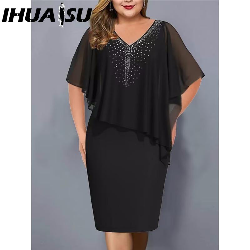 

IHUASU Женское платье большого размера с V-образным вырезом, асимметричное, облегающее ягодицы, шифоновое платье с пайетками(L-5XL) XXL чёрный