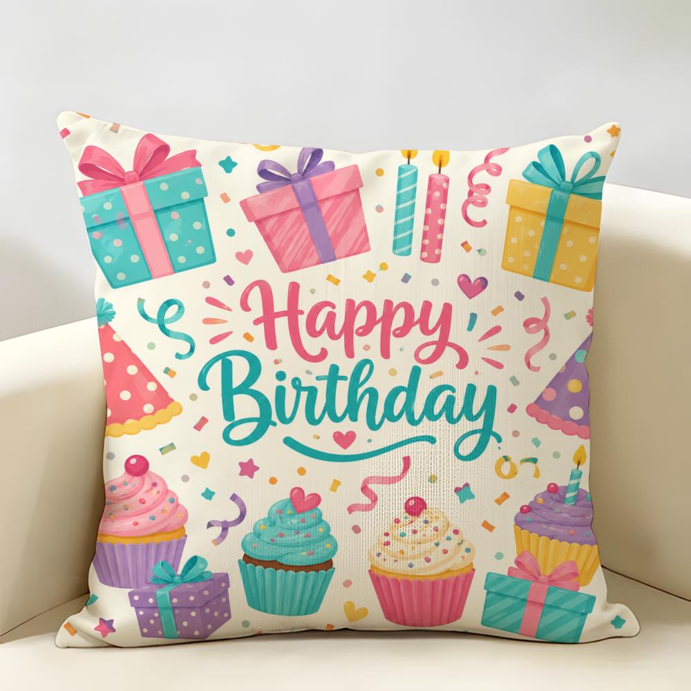 Cupcakes HAPPY BIRTHDAY Cushion Cover Durable Hypoallergenic Organic Linen Pillow Cover Short Size Washable SkinFriendly
