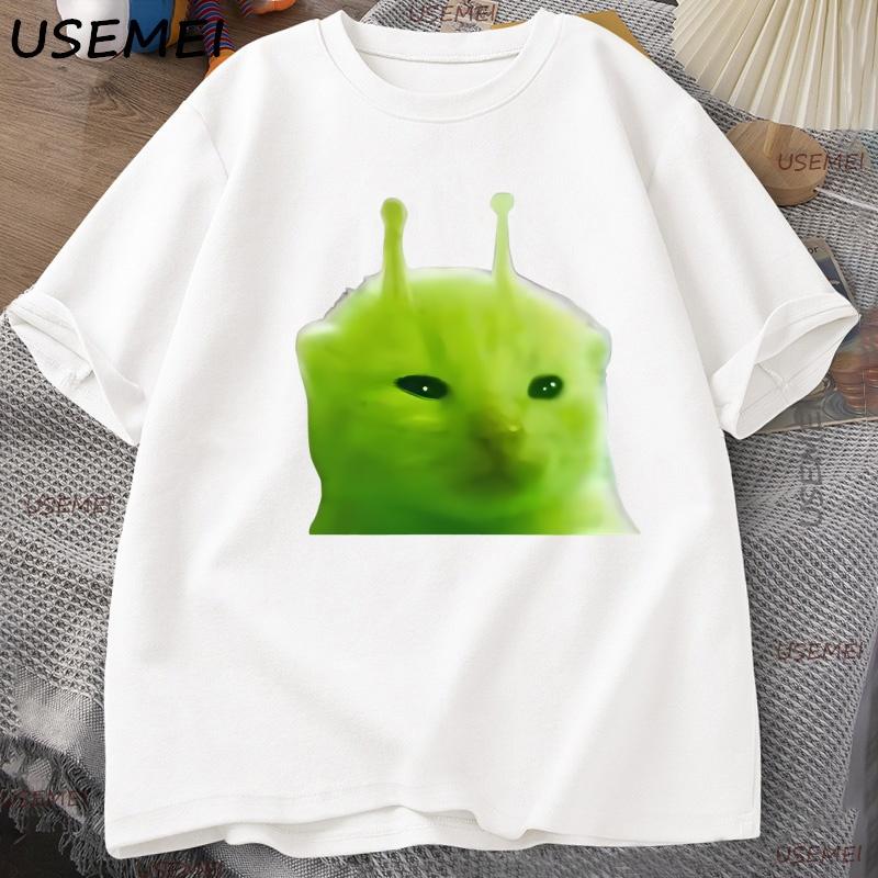 

Green Alien Cat T Shirt Men Cat Meme Tee Glorp Gnarp Cat Brainrot Tshirt Silly Cute T-Shirt Loose Cotton Short Sleeves Tops XL белый