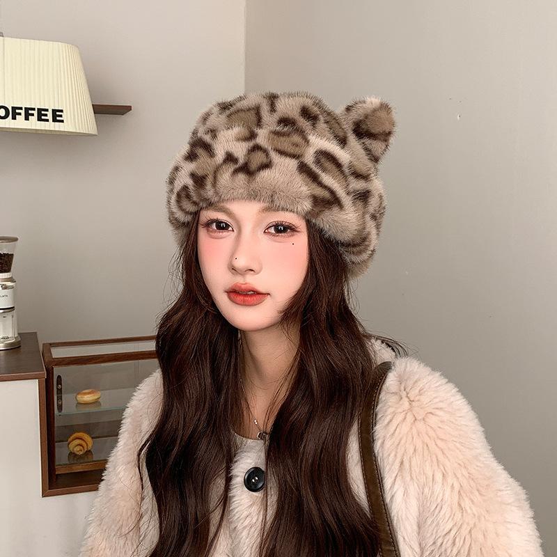 Japanese Winter Leopard Print Plush Fisherman Hat Korean Style Cute Ear Warm and Cold Hat Thickened Plus Velvet Basin Hat for Women