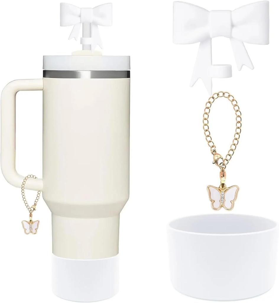 Bow Straw Cover for Stanley Cup Silicone Topper Pink Butterfly Chain Silicone Boot Pink Cup Accessories Set for 30/40 OZ Tumbler