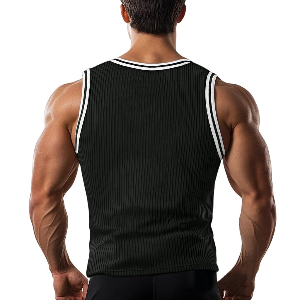 Men's Knit Vertical Stripes Fitness Exercise Slim-fit I-block Color Vest