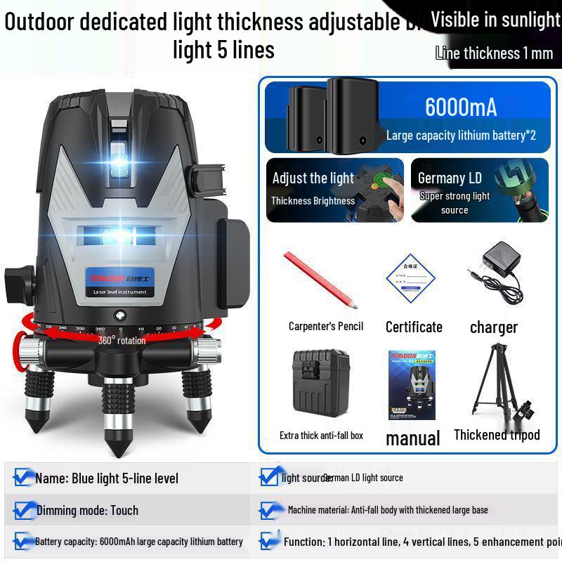 Vysoce přesná infračervená 5-liniová laserová vodováha pro stěnu a podlahu, samonivelační, zelené světlo, pro venkovní použití