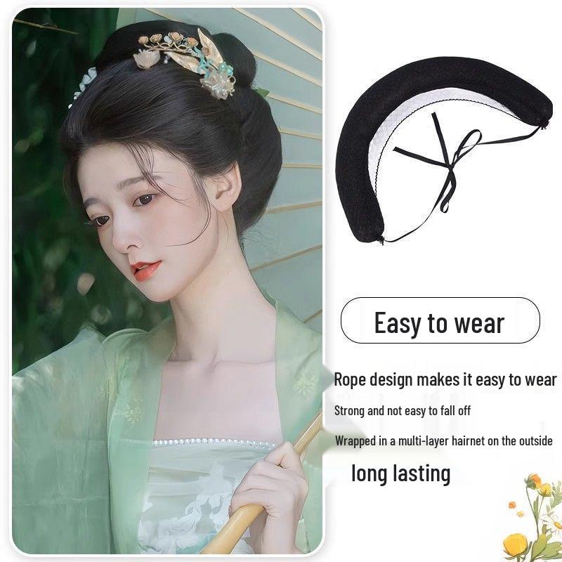 Tang Dynasty Wig Bag: Style-Ready Head-Covering with Side Ties, Hanfu-Inspired Round Hair Roller Pad.