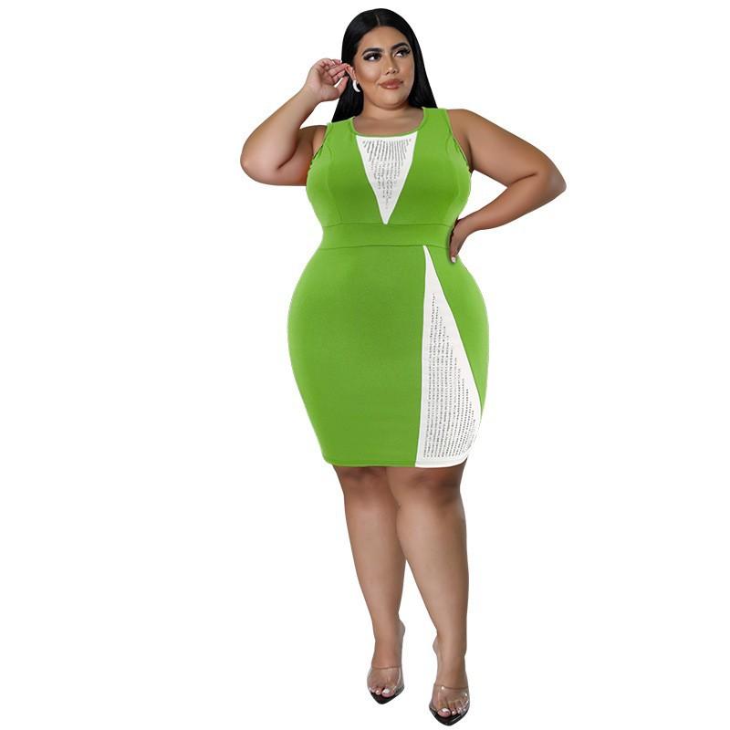 Plus Size Womens Sleeveless Color Block Rhinestone Embellished Dress Knit Midi Casual Vintage Chic Outfit