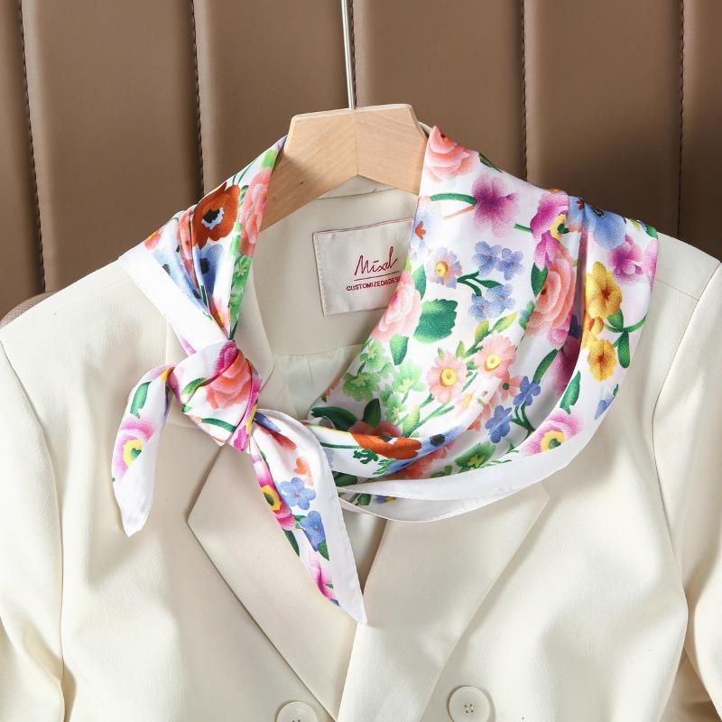 68Cm Pastoral Pink Flowers Kerchief New Spring And Summer Emulation Silk Scarf Fresh And Versatile Clothes Bags Accessory Scarf