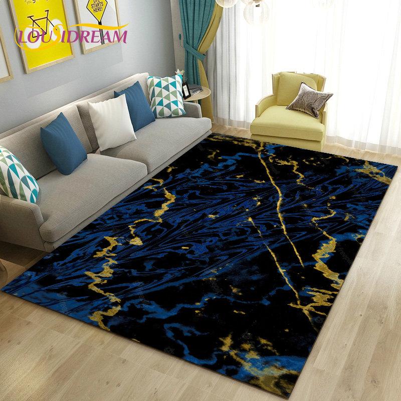 Nordic Black Gold Blue Marble Area Rug Large,Carpet Rug for Living Room Bedroom Sofa Doormat Decoration,kids Non-slip Floor Mat