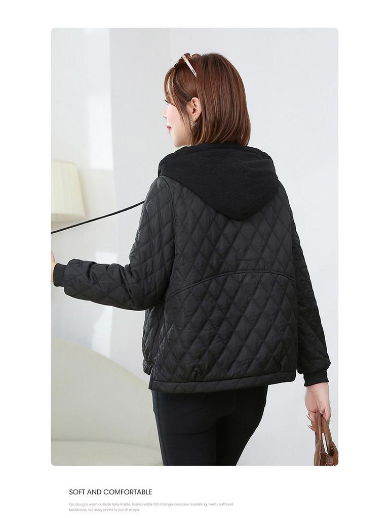 Women's Winter 2025 Rhombus Hooded Cotton-Padded Jacket - Trendy Petite Lightweight Outerwear