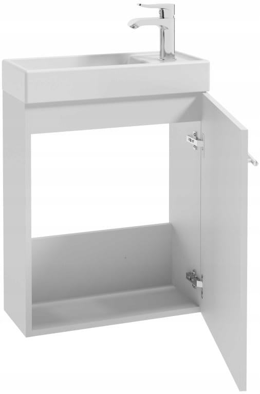 Badezimmerschrank mit einem weiß glänzenden wandhängenden Waschbecken 50x70 Klein und einem länglichen Chromhahn