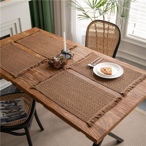 Table Flag Green Solid Woven Natural Material American Holiday Hemp Rope Dinner Mat Tableware Mat Tassel Bowl Mat