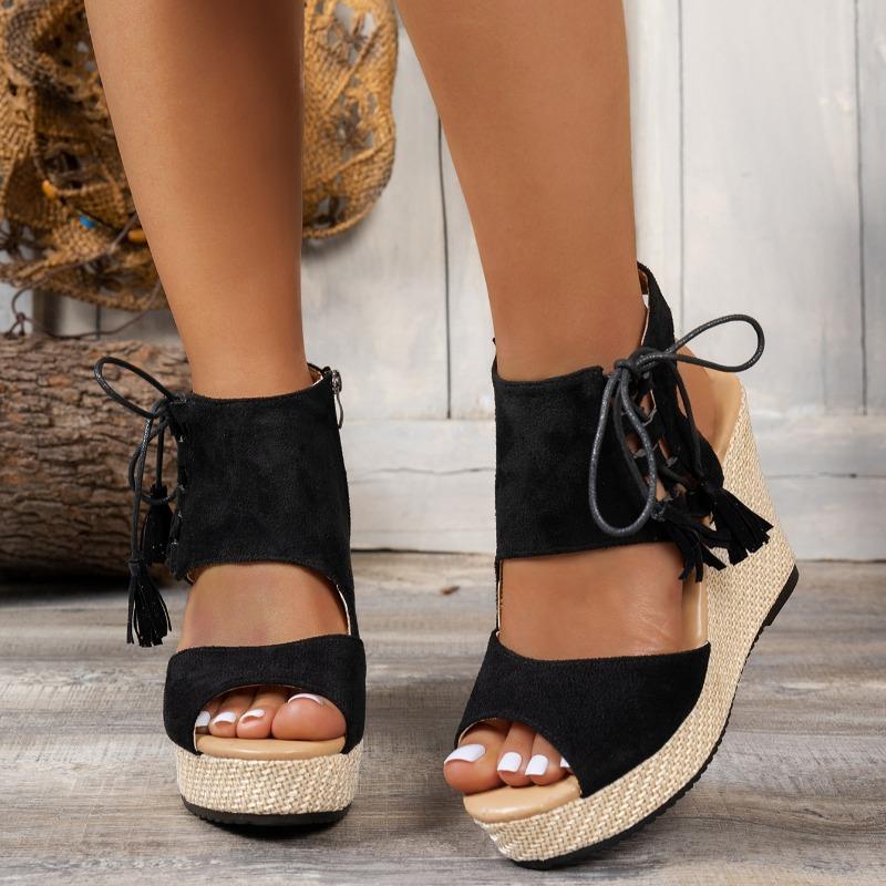 New Sandals Summer New Round Head Open Toe Suede Side Zipper Butterfly Knot Ribbon Waterproof Platform High Heels