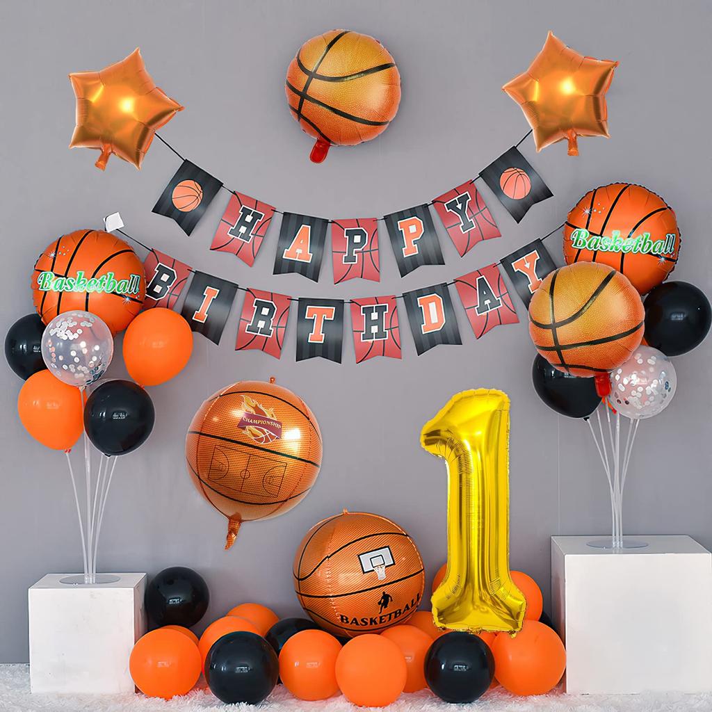 9Pcs Basketball Digital Balloon Set 22in 4D Sphere Balloons With 40 Inch Number Sports Basketball Themed Birthday Party Supplies