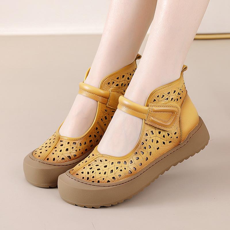 Summer Women's Ethnic Vintage Slide Sandals - Top-Grain Cowhide, Hollow-Out Breathable & Ultra-Soft Flat Sole with Bohemian Tribal Style Boots