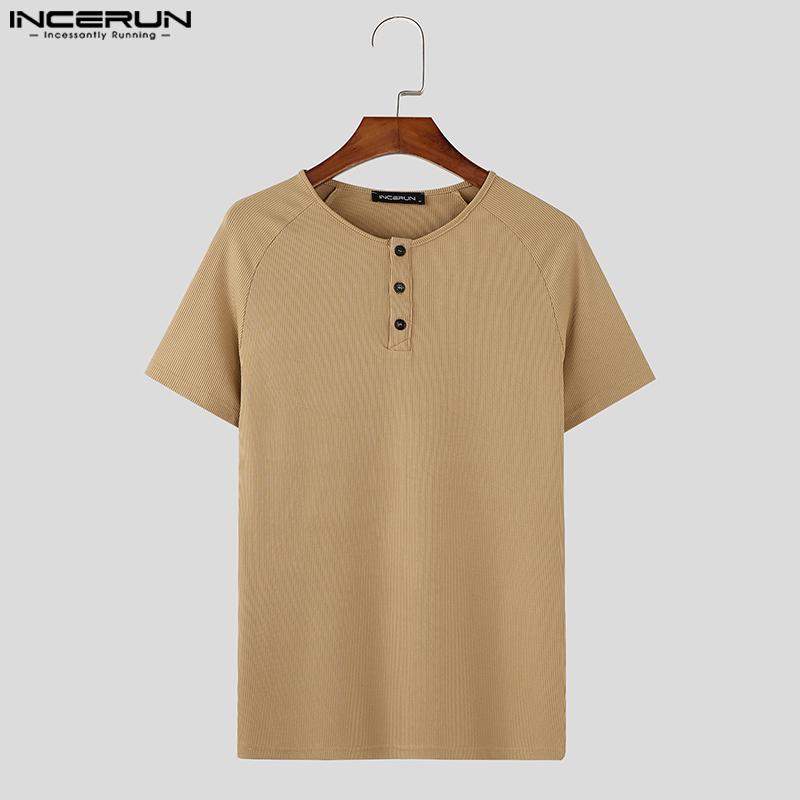 INCERUN Summer Men Short Sleeve Casual Texture Henley Tops T-shirts
