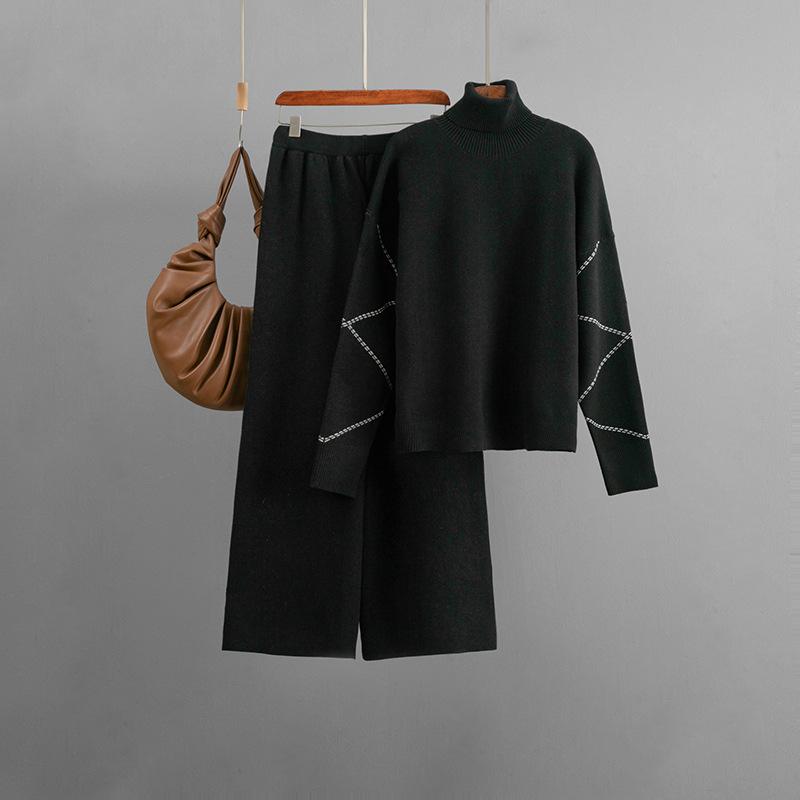 

Fashion Set Women s Autumn And Winter High Neck Loose Sweater Casual Wide Leg Pants Two-piece Set OneSize чорний