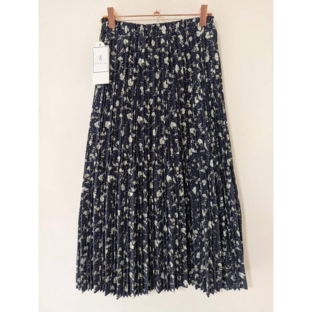 [New] With tag ROPE PICNIC Snow Flower Pleated Skirt Size 38 M Navy Calf Length Adult Women Elegant