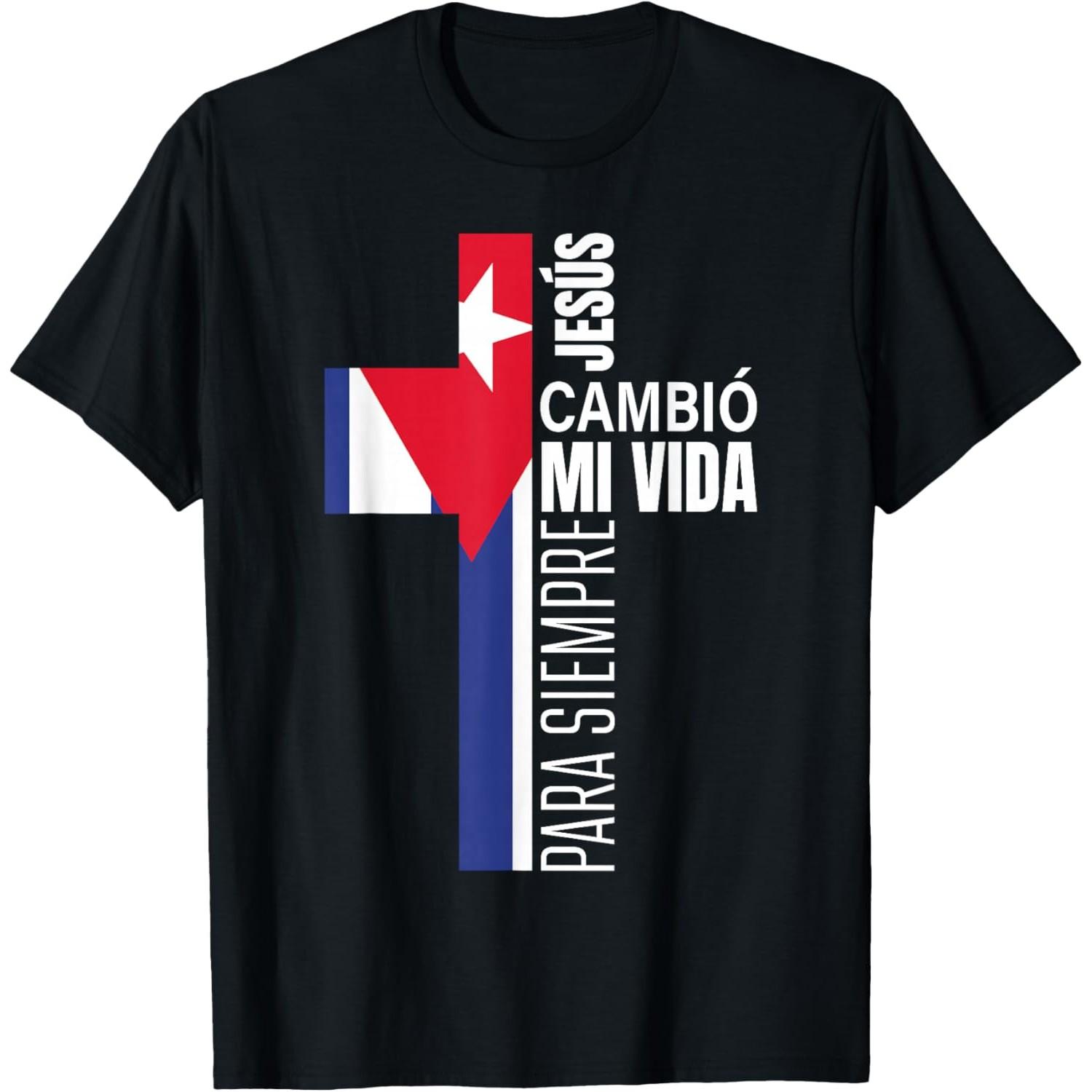 Jesus Changed My Life Cuban Flag Cross Christian Spanish Graphic Tee Shirt Men S