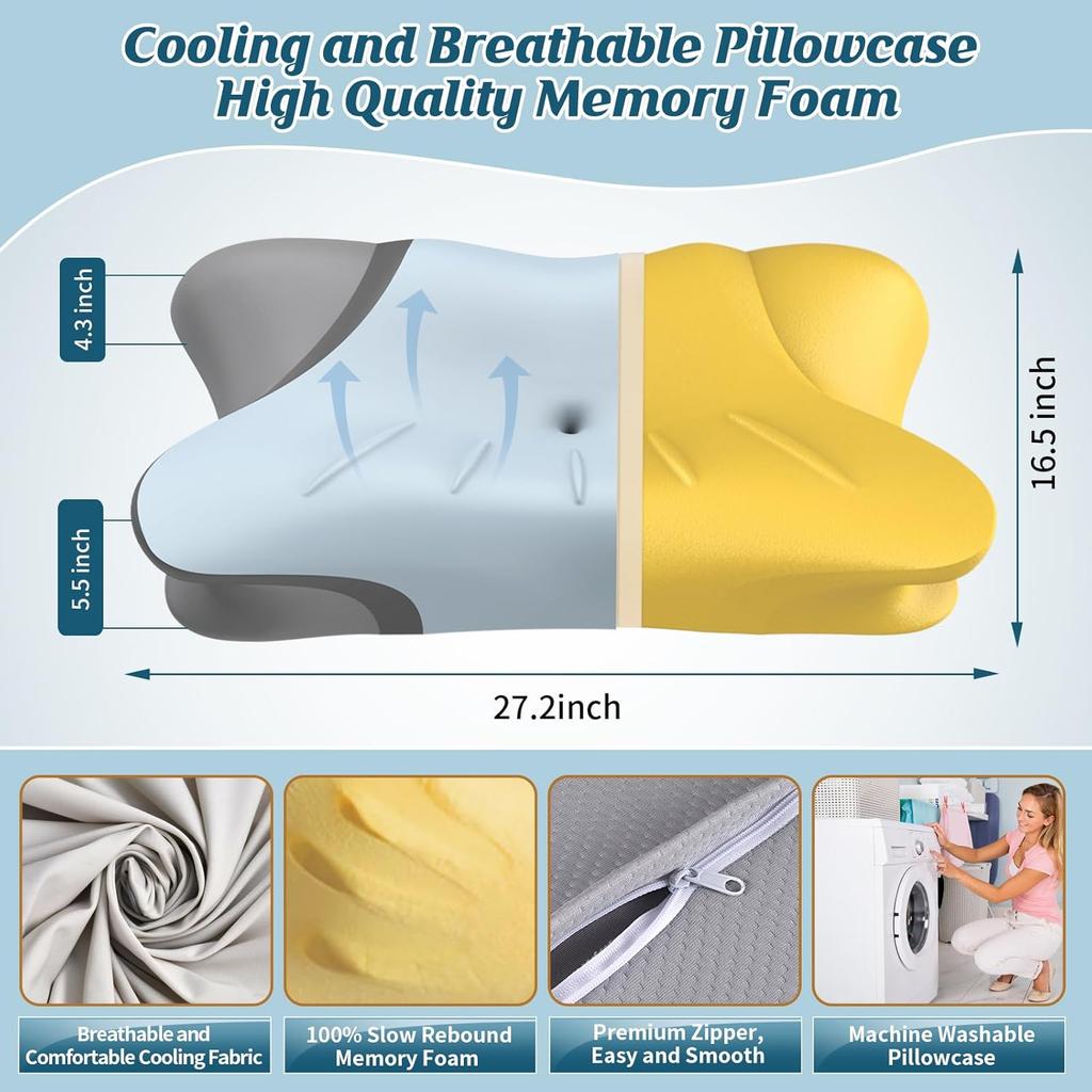 Cervical Neck Pillow - Cooling Pillow for Neck Pain Relief, Ergonomic Side Sleeper Pillow for Sleeping, Contour Memory Foam Pillows for Neck Support,