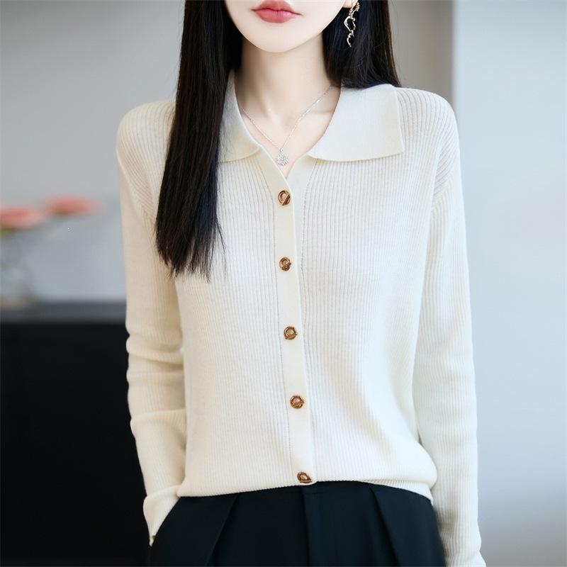 Wool Lapel Knitted Cardigan with Long Sleeves and Ribbed Cuffs, Loose-fitting Top