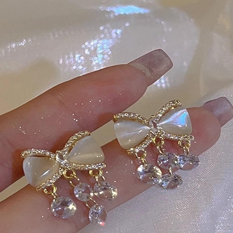 Vintage French opal bow earrings women s premium zircon fringed stud earrings silver needle earrings