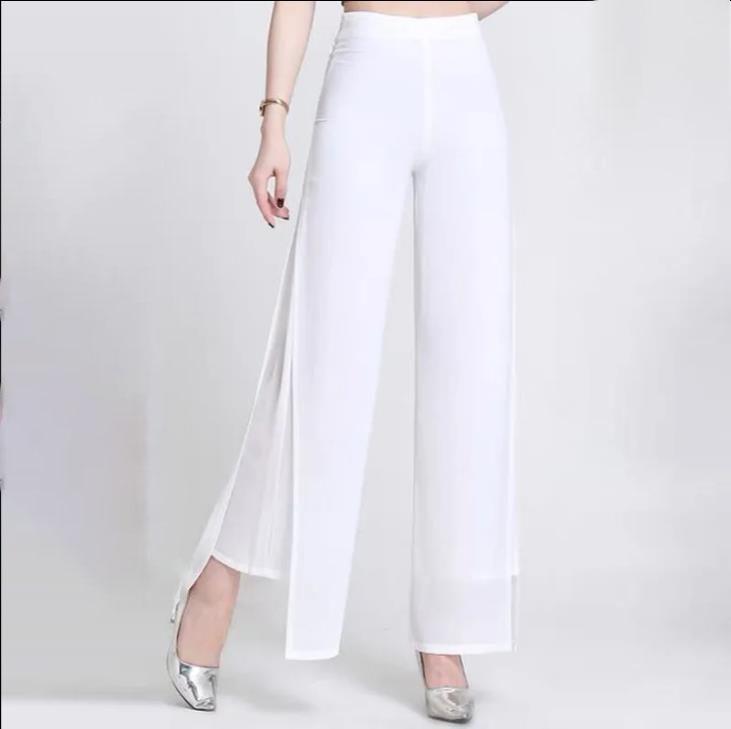 Calças de verão de chiffon, cintura alta, saia de gaze solta, shuai ku, calças casuais retas, com fenda, calças de perna larga femininas