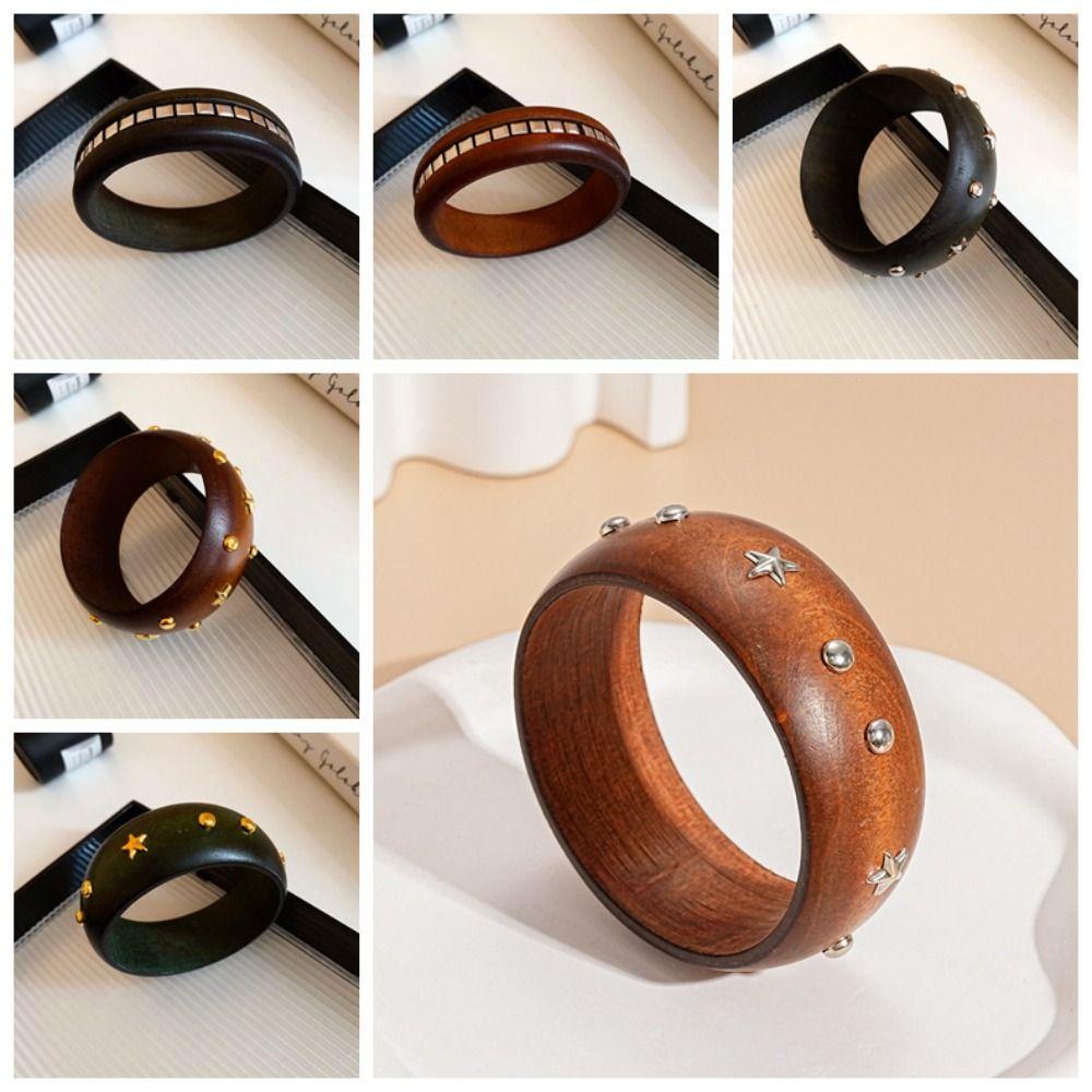 Punk Wooden Bracelet Wide Rivets Bangle Vintage Round Bracelet  Women