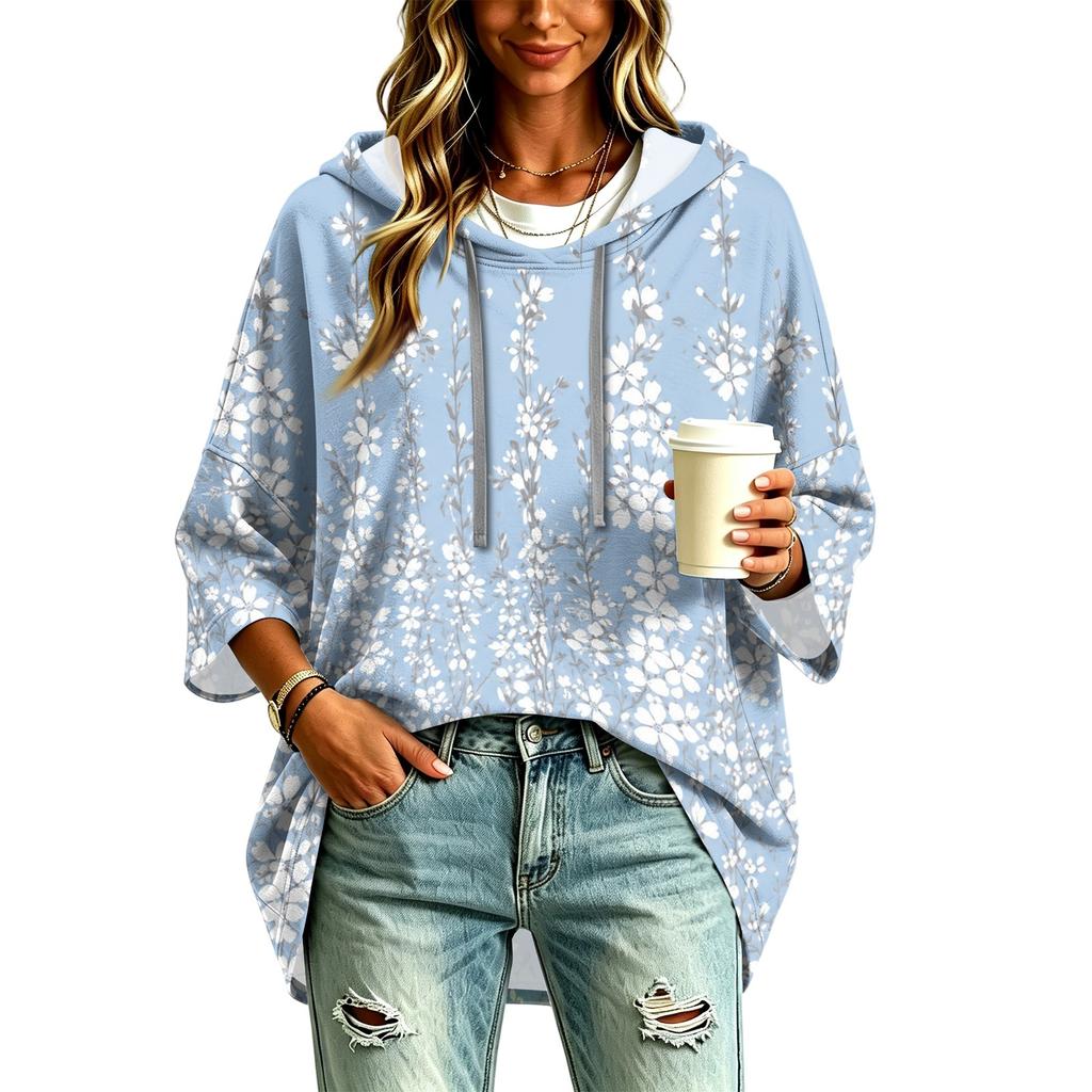 Women's Hooded Pullover Top with Three-Quarter Sleeves Floral Print Casual Fashion Top