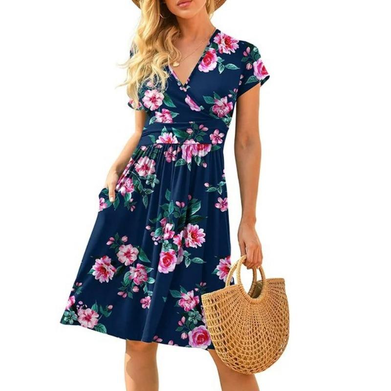 Fashionable New Women's Dress, V-neck Short-sleeved Printed Pockets, Elegant and Versatile