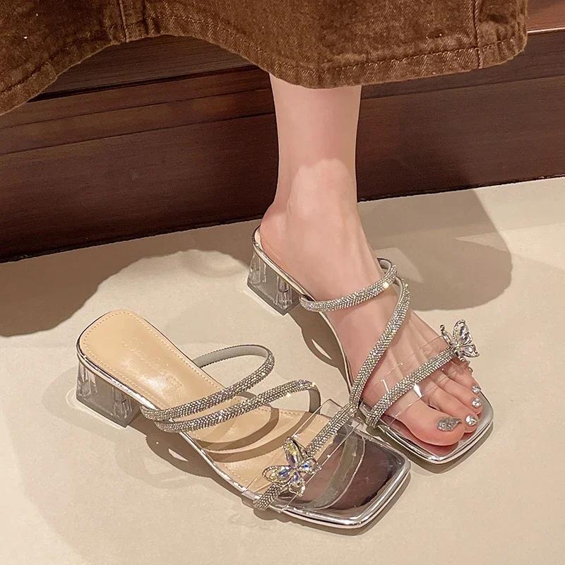 

Летняя мода Женские шлепанцы на высоком каблуке 2025Новые Высококлассные банкетные модные шлепанцы Однотонные Уличные Размер 35-40 Женская обувь 40 серебряный