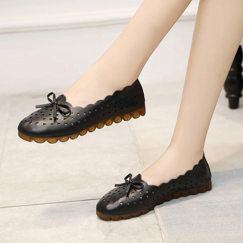 Comfortable Soft Sole Flat Single Shoes Breathable Hollow Bow Design Women's Casual Work Shoes Artificial Soft Leather Shallow Mouth Slip-on