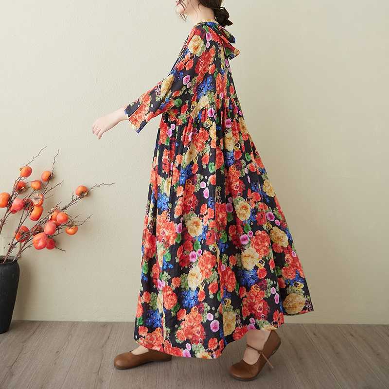 Ladies' Retro Niche Cloud Brocade Yarn Cotton Linen Hooded Printed Dress