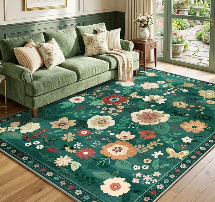 Alfombra Boho Floral Naranja Flor Vintage Antideslizante Lavable Alfombrilla para Suelo de Interior para Sala de Estar Dormitorio Decoración del Hogar Felpudo