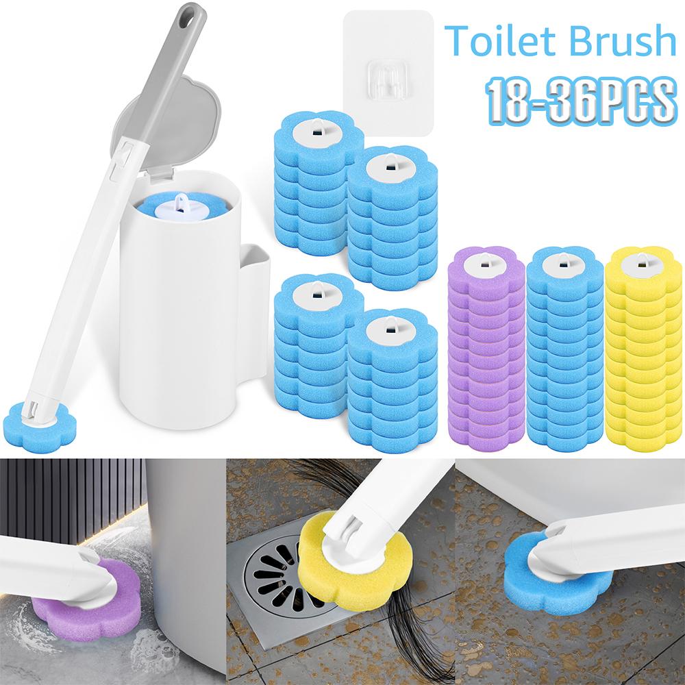 18-36Pcs Disposable Toilet Brush with Extended Handle Bathroom Toilet Brush Holder Cleaning Kit Replacement Head 360° Deep Clean