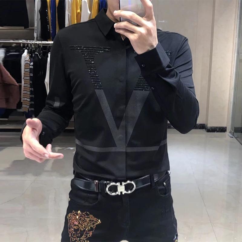 Spring Autumn Long Sleeve Diamonds Print Shirt Hombre Casual Letter Fashion Bottoming Blouse Men All-match Y2K Top Male Clothes