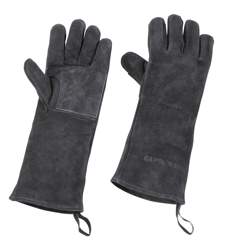 CAPTAIN STAG Outdoor Camping BBQ Gloves Long Leather Gloves Cowhide with Loop Black UG-3280