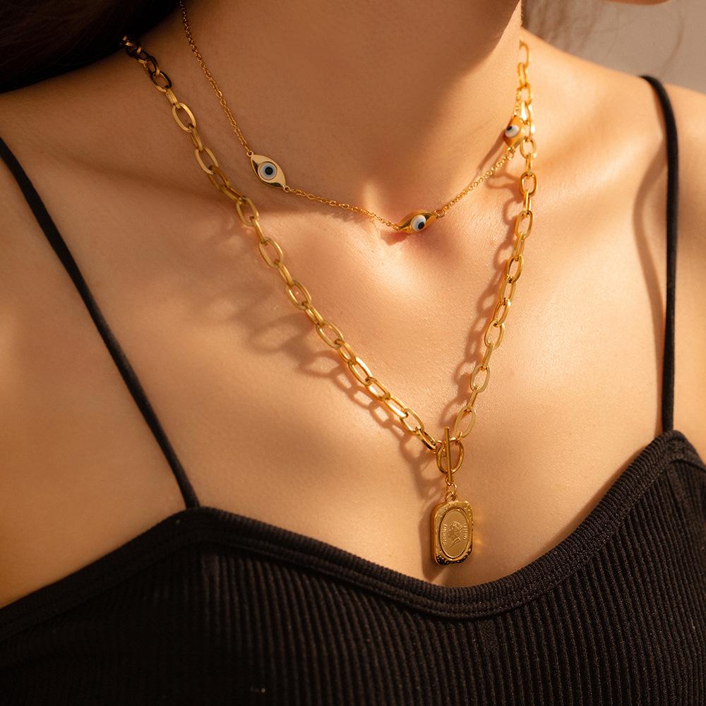 18K Gold-Plated Titanium Steel Eye of the Devil Portrait Square Pendant Double Layer Necklace for Women