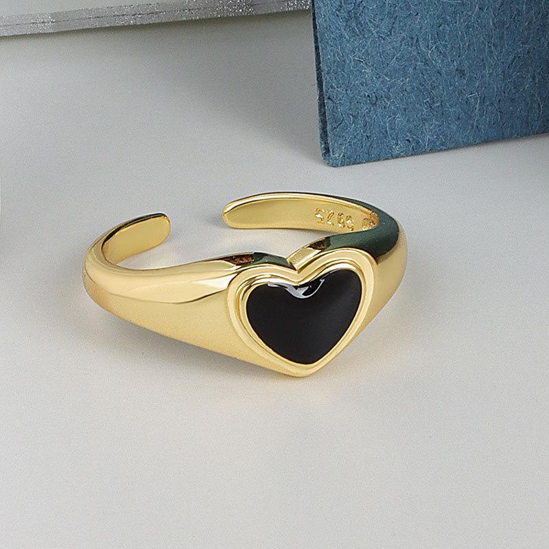 

S925 Silver Black Heart Open Ring For Women Fashion Minimalist Cool Personality Index Finger Jewelry Adjustable opening золотой
