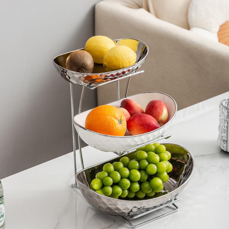 Light Luxury Ceramic 3-Tier Fruit Plate with Silver Stand