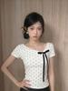 Gram Cotton, Polka Dot Shoulder Short-sleeved T-shirt Women's Summer Bow Design Sense Slim-fitting Short Korean Top