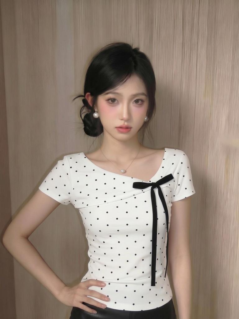 Gram Cotton, Polka Dot Shoulder Short-sleeved T-shirt Women's Summer Bow Design Sense Slim-fitting Short Korean Top