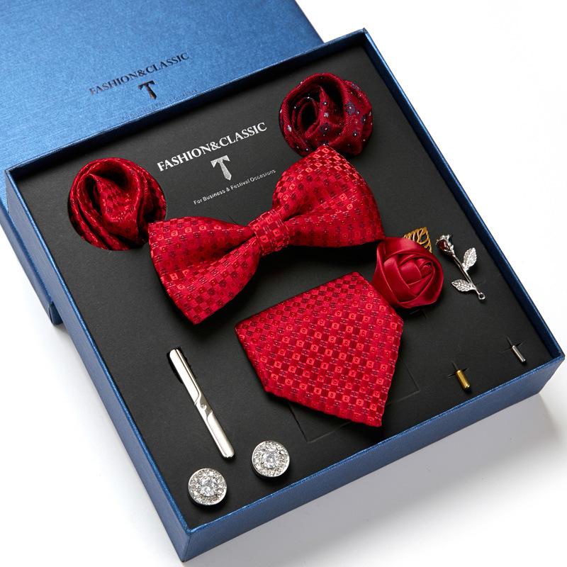 Men'S Gift Box Tie Fashion Business Net Color Flower Tie Square Scarf 8-Piece Set Combination Set