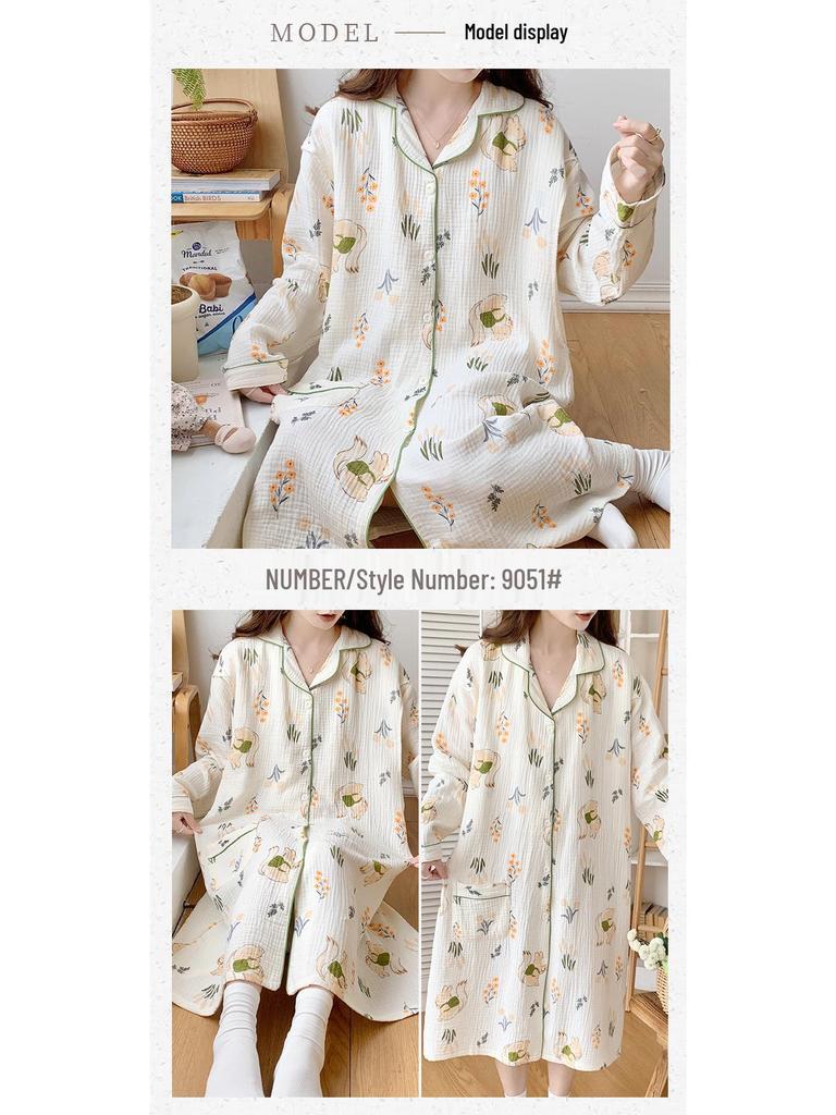 Pure Cotton Gauze Maternity Dress - Summer Nursing Nightgown for Hospital & Home, Plus Size, Women's Spring/Autumn Pregnancy Pajamas.