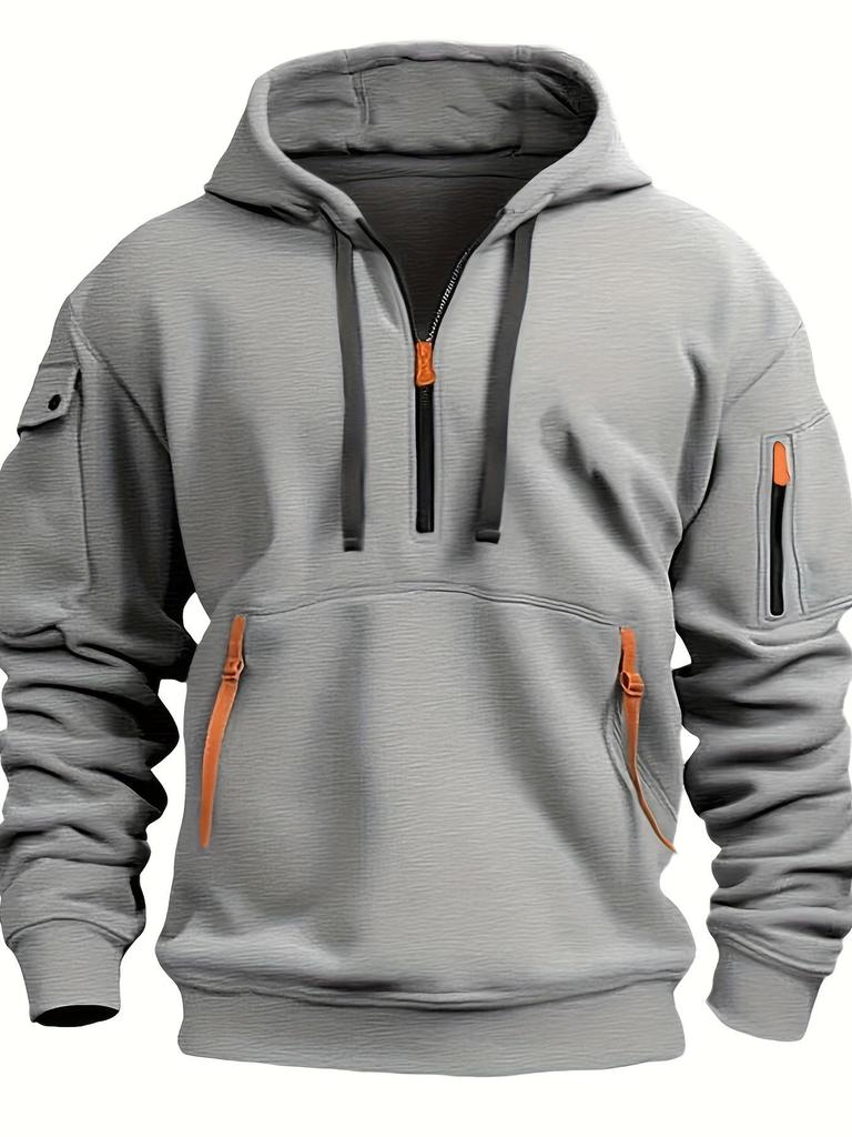 European Men's Fleece-Lined Hooded Jacket with Multi-Zipper Pockets for Autumn/Winter